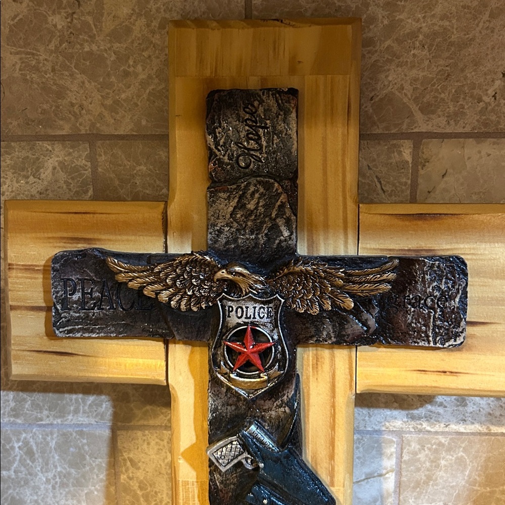 Cross, Handmade Wooden cross Peace, Grace, Police Design, 14 1/2” x 9 1/2” - Picture 2 of 8